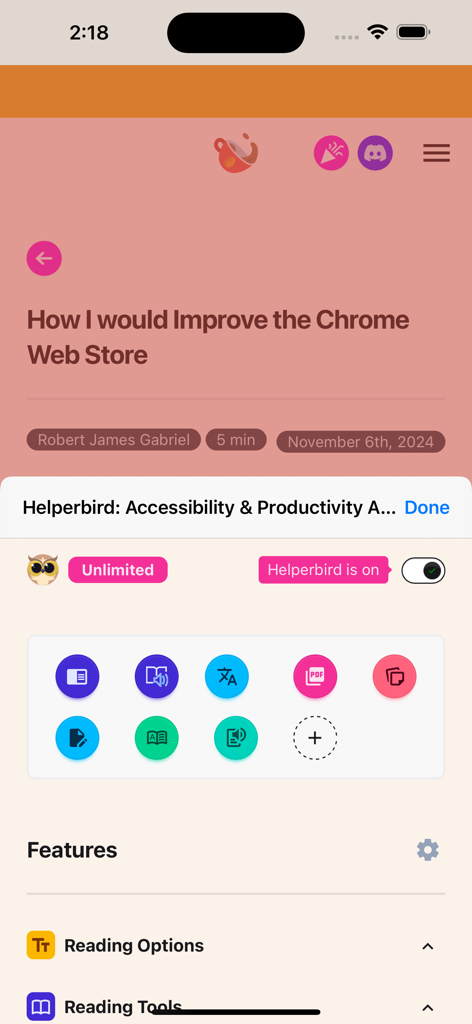 Interfaccia dell'app mobile Helperbird che mostra funzionalità di accessibilità e opzioni di lettura