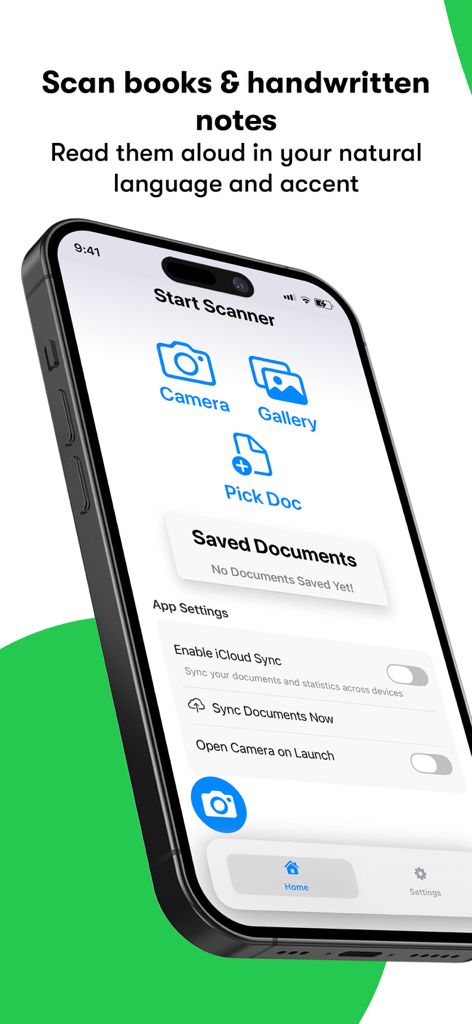 Talkie OCR - Image to Speech - iPhone displaying Talkie OCR app interface with options to scan books and handwritten notes from camera or gallery