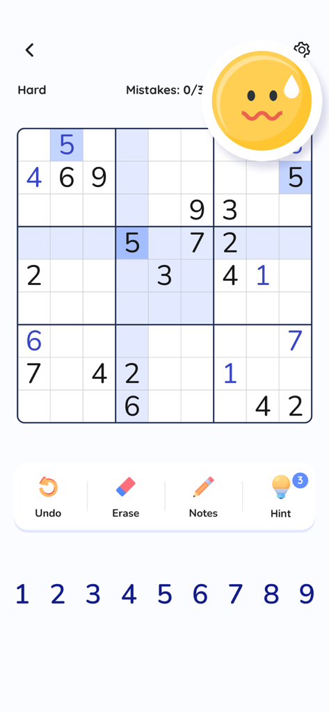 Sudoku: Classic Sudoku Puzzle⋆ - Mobile app interface of a classic Sudoku puzzle on hard difficulty level with a clean design and number pad