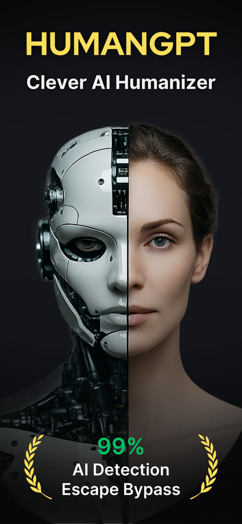 Clever AI Humanizer - HumanGPT - Pantalla de inicio de la aplicación HumanGPT que muestra una cara que es mitad robot y mitad humano para evitar la detección de IA