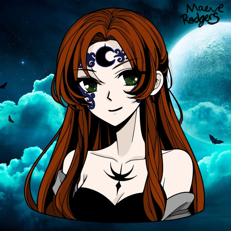 anime female, long hair with undercut, crescent moon tattoo on forehead