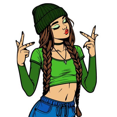 realistic teenage girl with braids and a beanie and crop top doing 🫶🏼