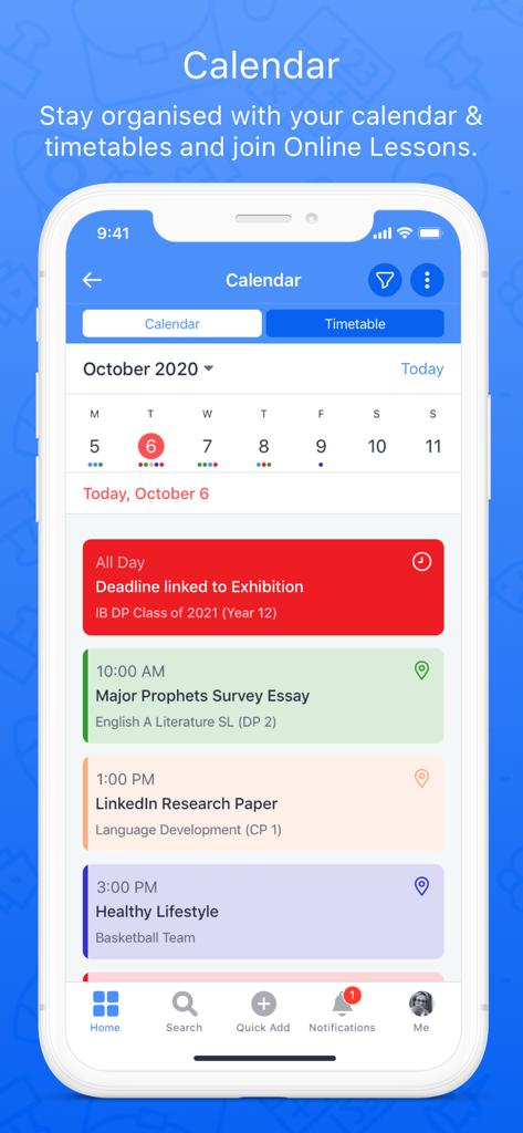 The ManageBac app calendar interface showing a list of academic deadlines and student activities.