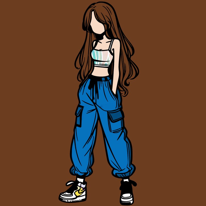 girl in baggy pants crop top and long hair