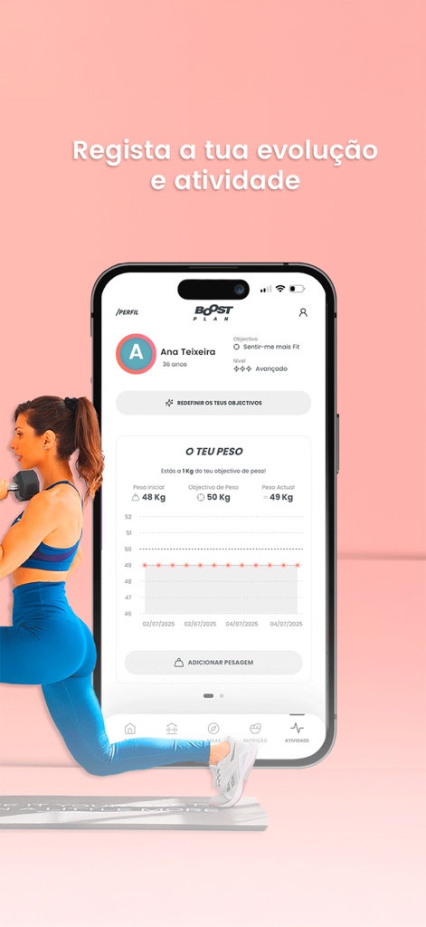 Boost Plan by Raquel Antunes - Fitness app screen showing a weight progress chart and user profile.