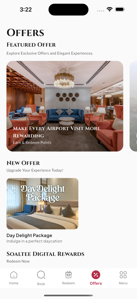 Soaltee Heritage Club app interface displaying luxury travel offers and digital rewards