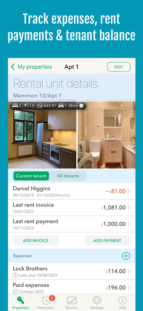 Landlordy Rent Manager - Landlordy app screen showing rental unit details with tenant rent payments and property expense tracking