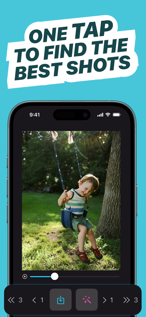 AI Frame Grabber: Video to Pic - Mobile app interface of AI Frame Grabber showing a high quality photo of a child on a swing extracted from a video