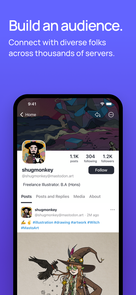 Mastodon - Page de profil de l'application Mastodon pour un illustrateur indépendant avec le titre Développez votre audience.