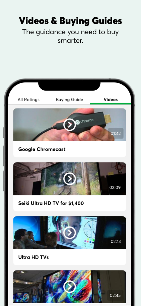 Consumer Reports app interface showing product video reviews and buying guides