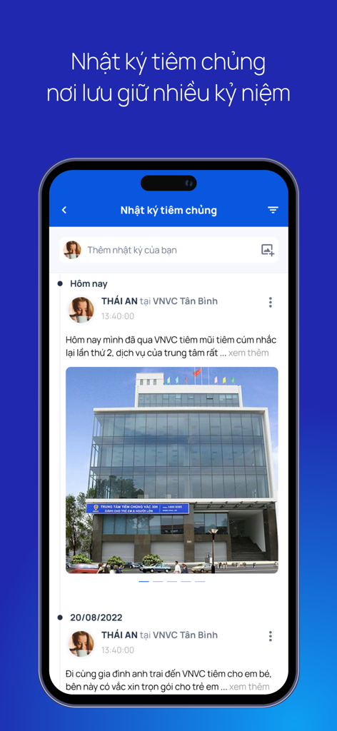 VNVC - VNVC app interface showing the Vaccination Diary feature with a user post about their vaccination experience at a modern medical center.