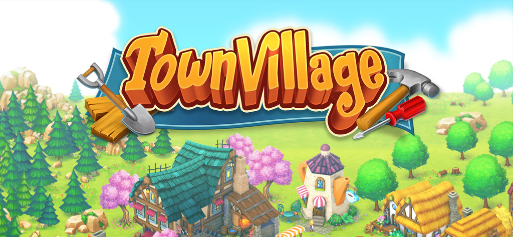 Town Village Spiellogo mit Bauwerkzeugen und einer farbenfrohen Zeichentrick-Dorfszenerie