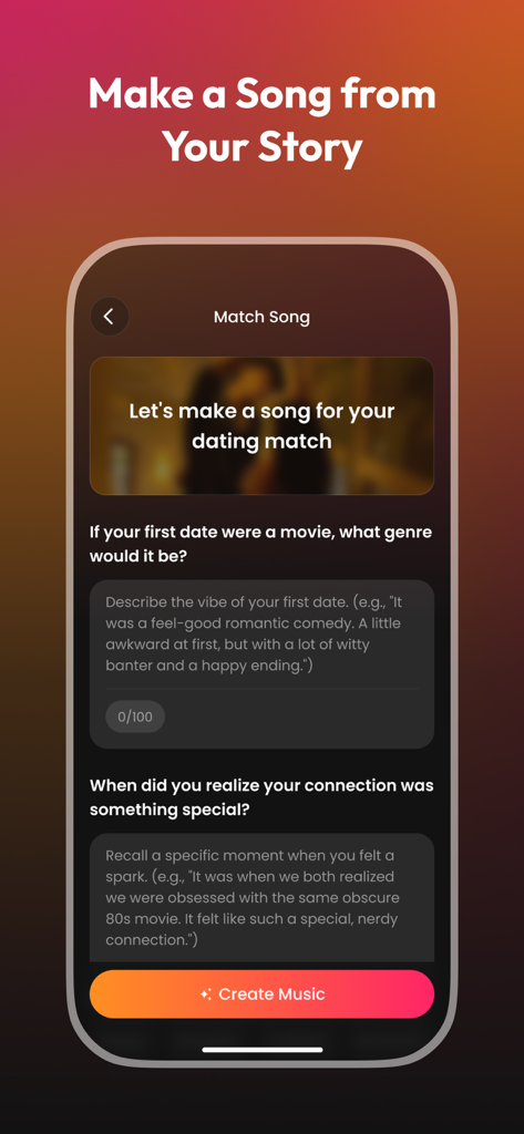 MuseO: AI Music Ringtone Maker - MuseO app screen showing the Match Song feature to create AI music from personal stories and dating memories