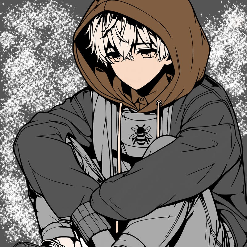 realistic anime boy sitting down with his hoodie bee his head looking down