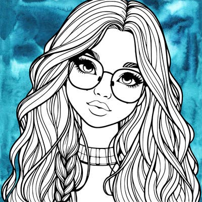 girl with long hair and freckles and glasses realistic