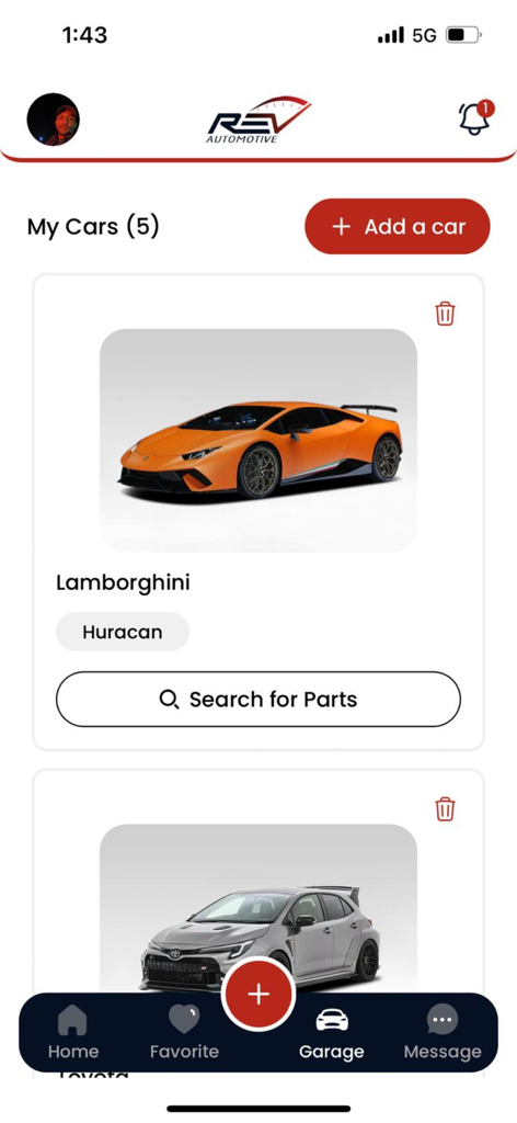 Rev Automotive app garage interface showing a list of user cars including an orange Lamborghini Huracan