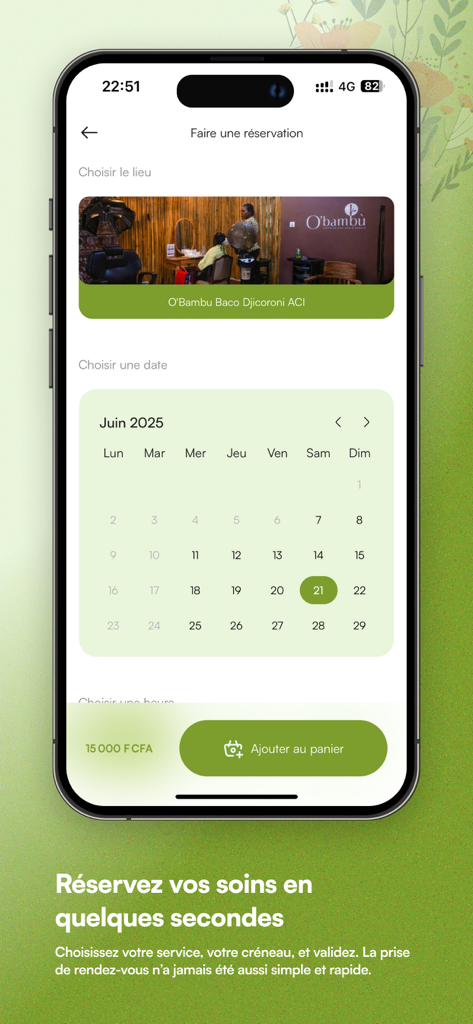 O-Bambu - O-Bambuのモバイルアプリインターフェース。カレンダーと場所の選択が表示された予約画面を表示