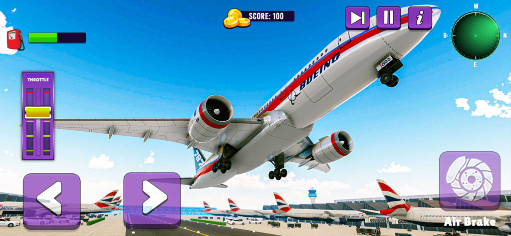 Airline Flight Pilot Simulator - A Boeing passenger jet taking off from a realistic airport runway with interactive flight controls displayed on screen