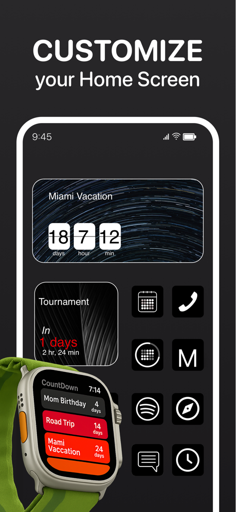 Countdown widget : Day Counter - Tela inicial do iPhone e Apple Watch exibindo widgets de contagem regressiva personalizados com tema escuro para férias e torneios.