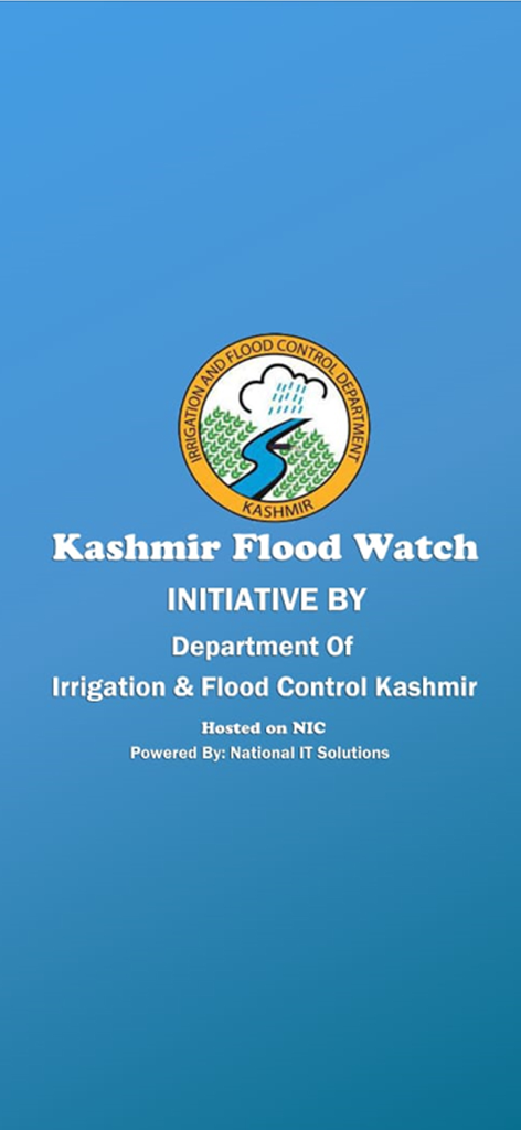 Kashmir Flood Watch I&FC kmr - Official splash screen of the Kashmir Flood Watch app showing the Department of Irrigation and Flood Control Kashmir logo.