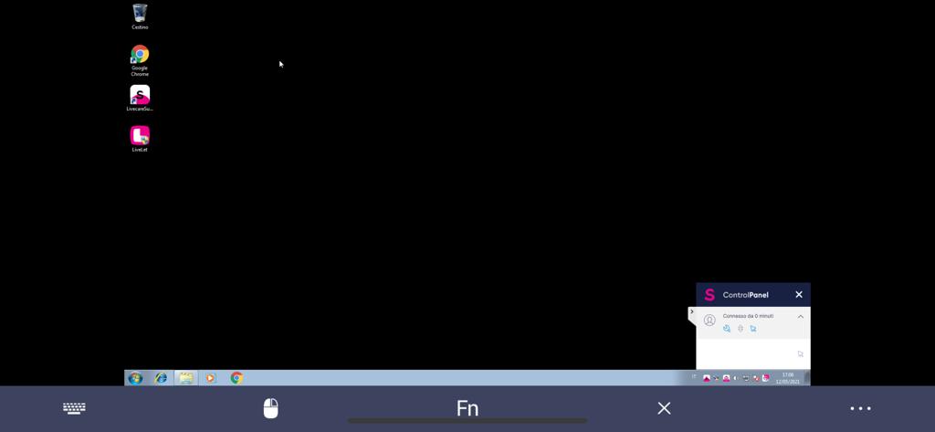 Interfaccia di Livecare Support che mostra un desktop Windows remoto su un dispositivo mobile con strumenti di controllo tecnico