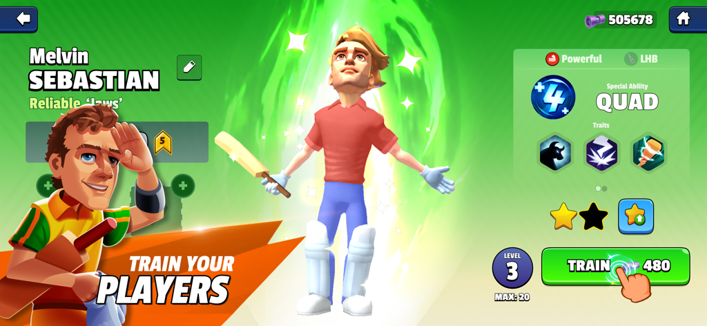 특수 능력과 특성을 보여주는 Hitwicket 크리켓 게임 2025의 선수 캐릭터 훈련