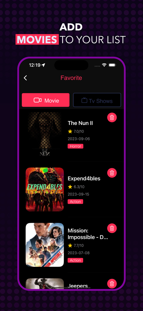 A list of favorite movies on a mobile phone screen within the Netmirror app