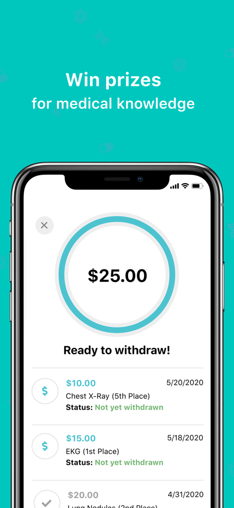 A mobile screen from the DiagnosUs app showing cash prizes and rewards earned for medical knowledge.