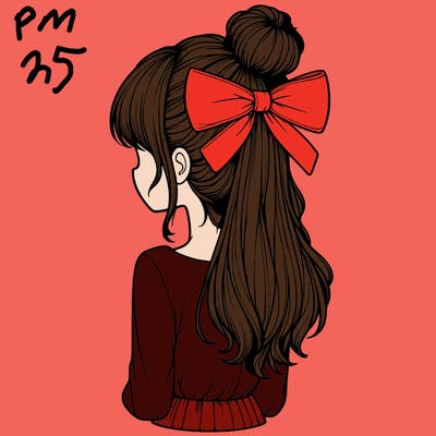 realistic girl  with hip length hair a bun and a big bow on the back of head