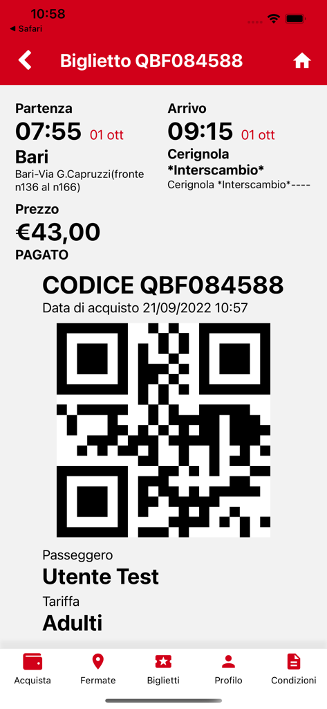 Billete de autobús digital en la aplicación MarinoBus que muestra los detalles del viaje y un código QR para el embarque