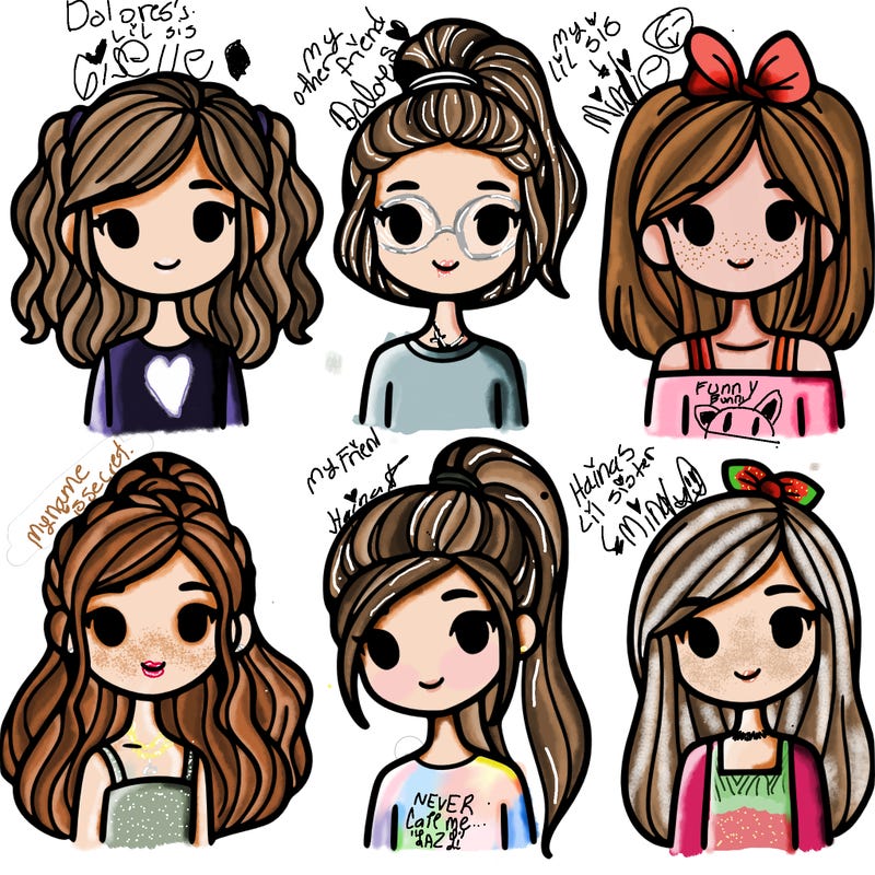 group of girls with ponytails, short hair, long hair etc