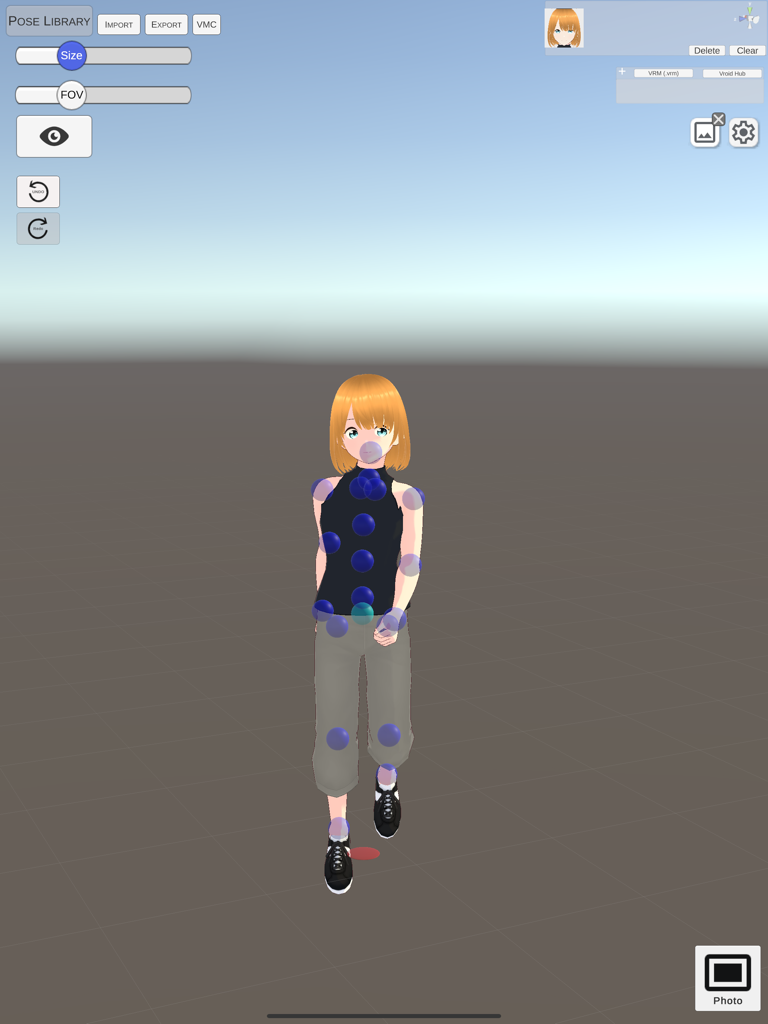 FastPoseVRM - Interfaz de la aplicación FastPoseVRM mostrando un personaje de anime 3D con marcadores de articulación azules para posicionamiento digital