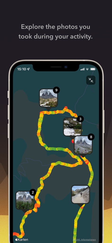 Baloc: Your altitude profile - Baloc app screen showing a colorful GPS track on a map with pinned adventure photos.