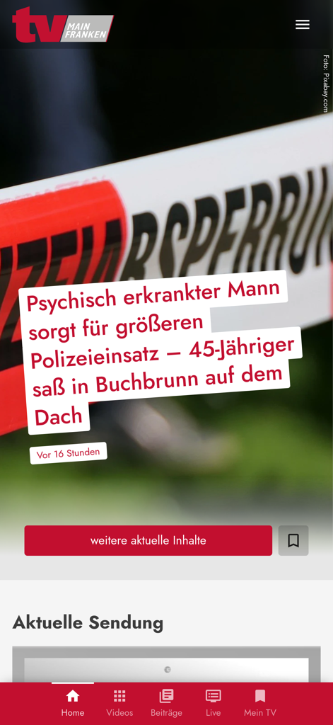 Startbildschirm der TV Mainfranken Mobile App mit lokalen Nachrichten und Navigation.