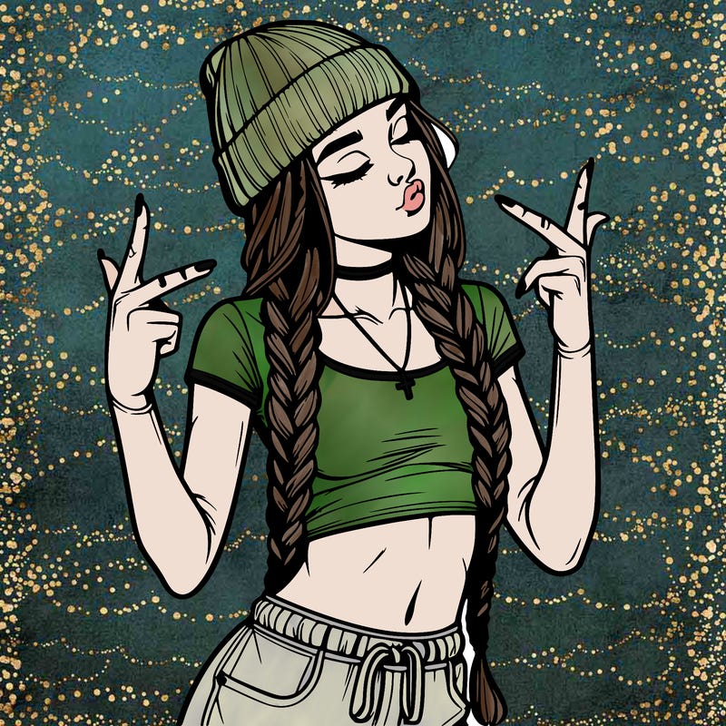 realistic teenage girl with braids and a beanie and crop top doing 🫶🏼