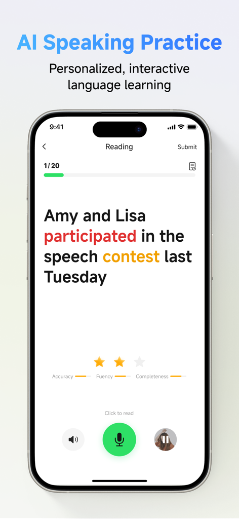 ClassIn mobile app interface showing AI speaking practice feature for personalized language learning