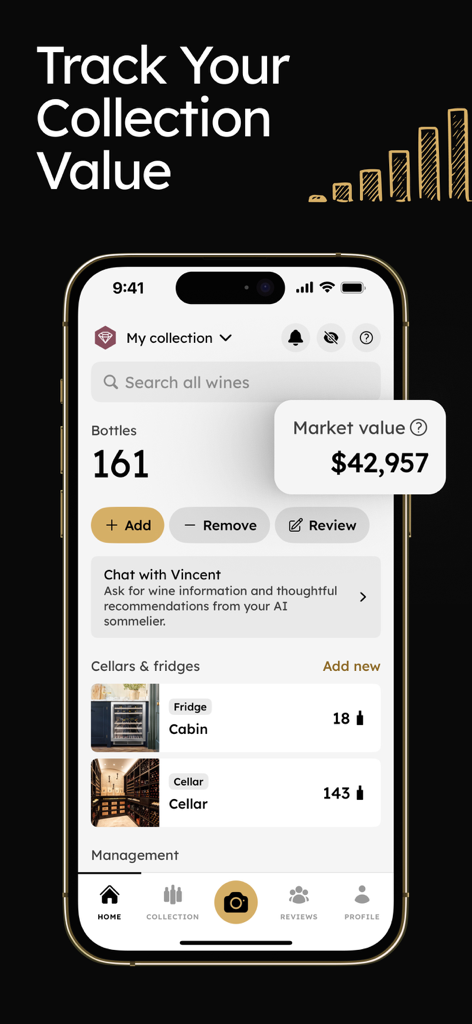 InVintory: Wine Bottle Tracker - InVintoryアプリのインターフェースに、ワインコレクションの市場価値とセラーの整理状況が表示