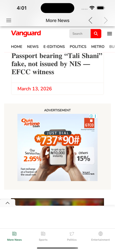 La aplicación Nigeria News and Newspapers mostrando un artículo del periódico Vanguard en un iPhone.