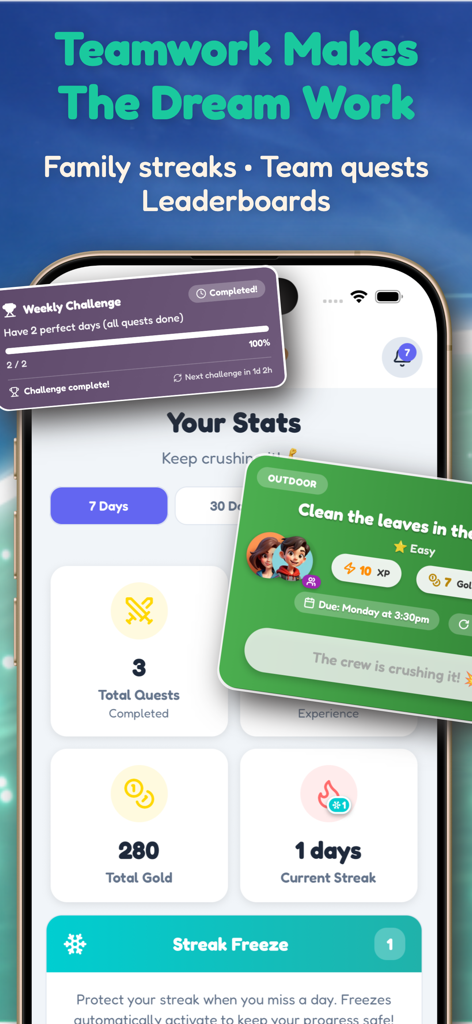 PointUp: Kids Chore Tracker - Panel de la aplicación PointUp que muestra rachas familiares, recompensas de tareas y estadísticas de tareas