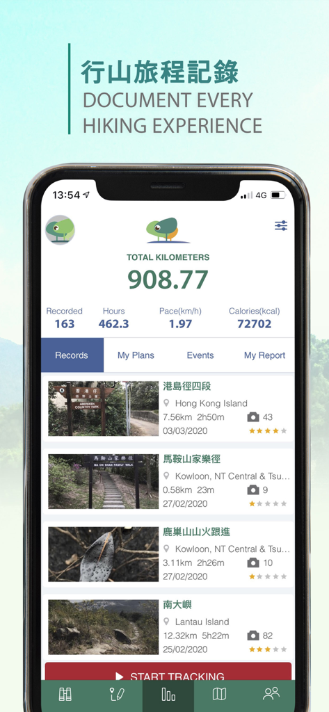 TrailWatch: Your Hiking Guide - TrailWatch app interface displaying total hiking kilometers calories and a list of recorded trails