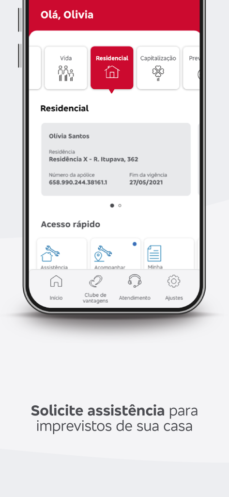 Interface of the Bradesco Seguros app showing home insurance policy details and assistance services.