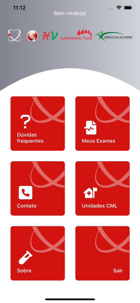 Grupo CMLab - Main interface of the Grupo CMLab mobile app with icons for lab exams and clinical locations