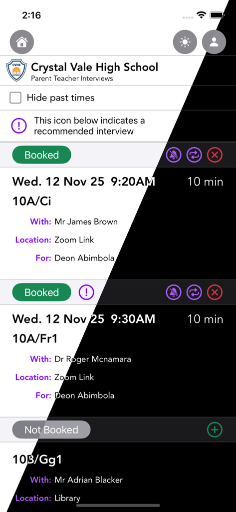 Booked (Previously PTO) - User interface of the Booked app displaying scheduled parent-teacher interview times and locations for Crystal Vale High School