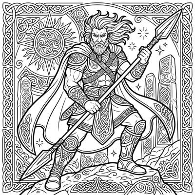Embark on an epic coloring adventure with Cú Chulainn, the revered hero of Irish mythology. This detailed template captures his formidable presence, surrounded by ancient Celtic artistry, ready for your creative touch.
