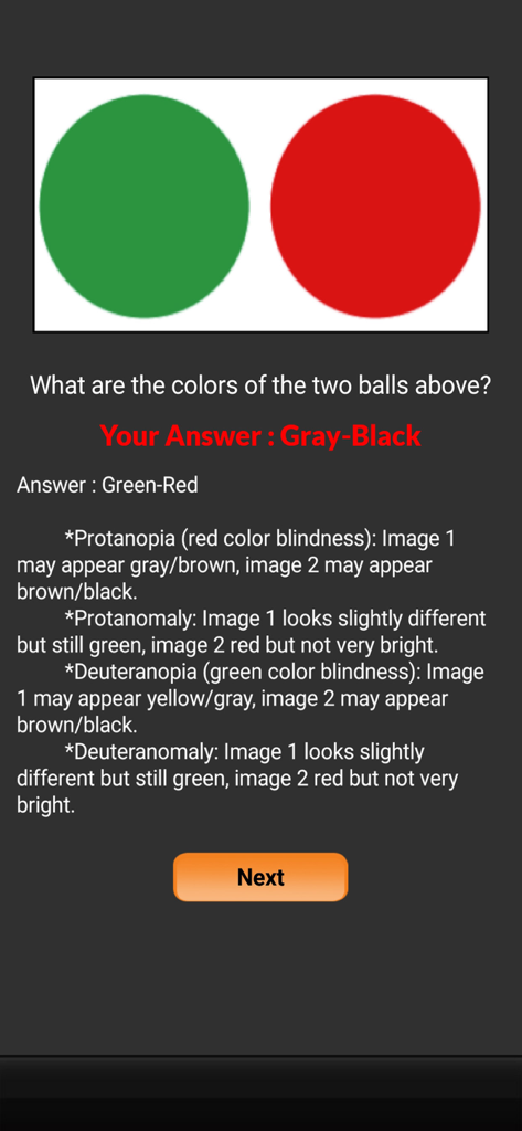 Color Blindness Test Ishihara - Interfaz de prueba de daltonismo que muestra círculos rojos y verdes con explicaciones detalladas para diferentes tipos de deficiencia de visión del color.