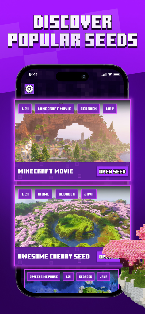 Diamond Finder for Minecraft + - App interface showing a list of popular Minecraft seeds for Bedrock and Java editions