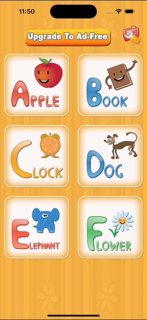 Alphabet flashcards in a kids dictionary app showing letters A to F with cartoon images
