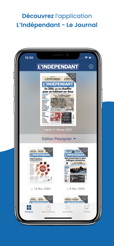 L'Indépendant Le Journal - L Independant新聞アプリのインターフェース。デジタルキオスクに様々な日刊版が表示されています。