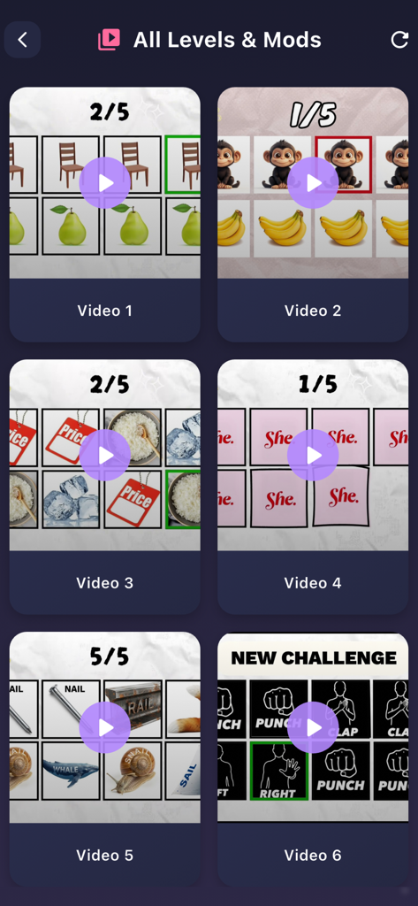 Say The Word On The Beat - A screen showing various rhythm puzzle levels and mini game challenges including word matching and memory tasks