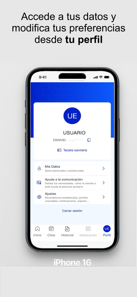 miSCS - Pantalla de perfil de usuario de la aplicación móvil miSCS mostrando opciones de tarjeta sanitaria de datos personales y configuración.